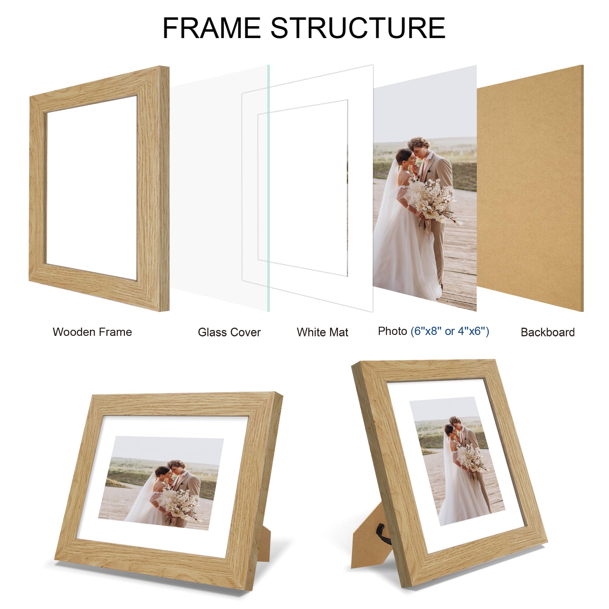 Hongkee 6x8 Picture Frame Set of 4, Made of Real Glass and Natural Oak Frame - Display Picture 4x6 with Mat or 6x8 Without Mat,
